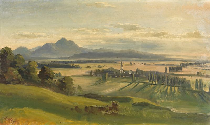 Landscape view of Salzburg with village and hills, oil on canvas by Josef Mayburger