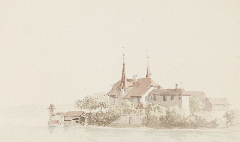 Gravura de Johann Ludwig Aberli representando um rio e folhagem exuberante