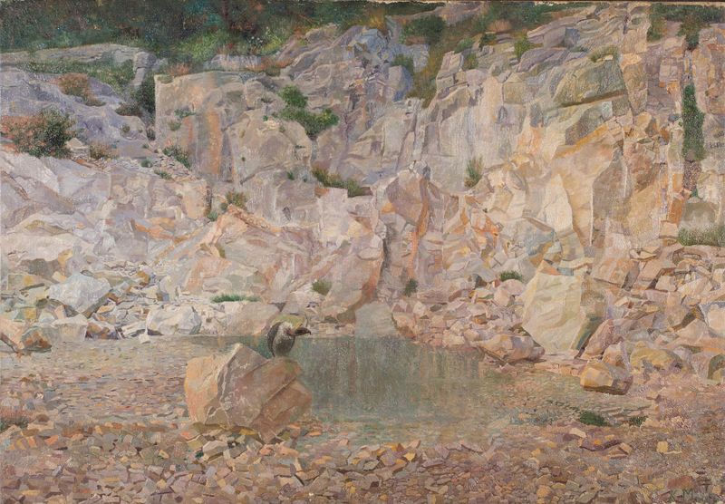 Vulture perched on rocky ledge, oil on canvas by Karl Mediz