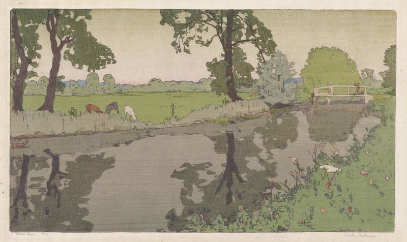 Wiston River by Frank Morley Fletcher, impressionist oil painting depicting a tranquil river scene.
