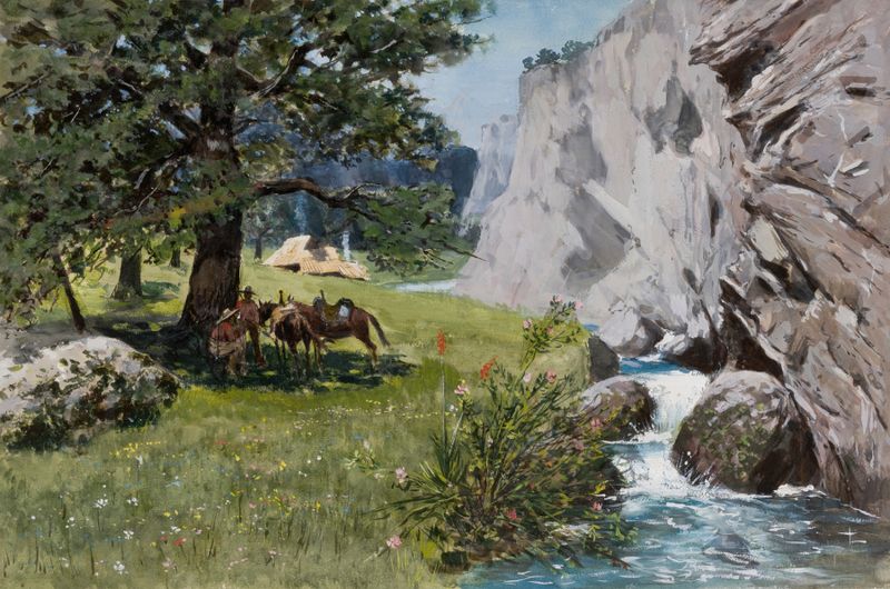 Rest under Rocks by Stanisław Witkiewicz, figurative oil painting of figures resting under rocks