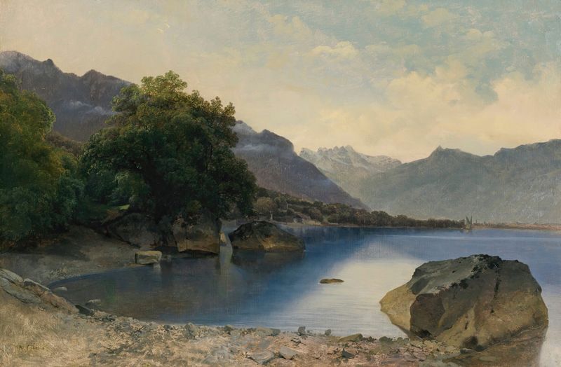 Landscape of Lake Geneva with mountains by Alexandre Calame, oil painting