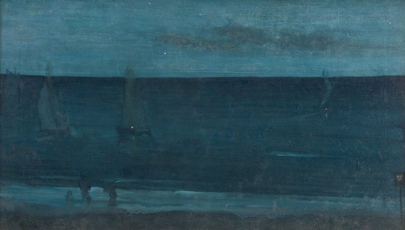 Nocturne: Blue and Silver–Bognor de James Abbott McNeill Whistler, óleo sobre lienzo que representa el crepúsculo sobre el...