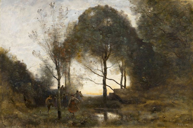 Nymphes et Faunes de Jean-Baptiste-Camille Corot, pintura a óleo mostrando ninfas e faunos entre folhagens exuberantes.