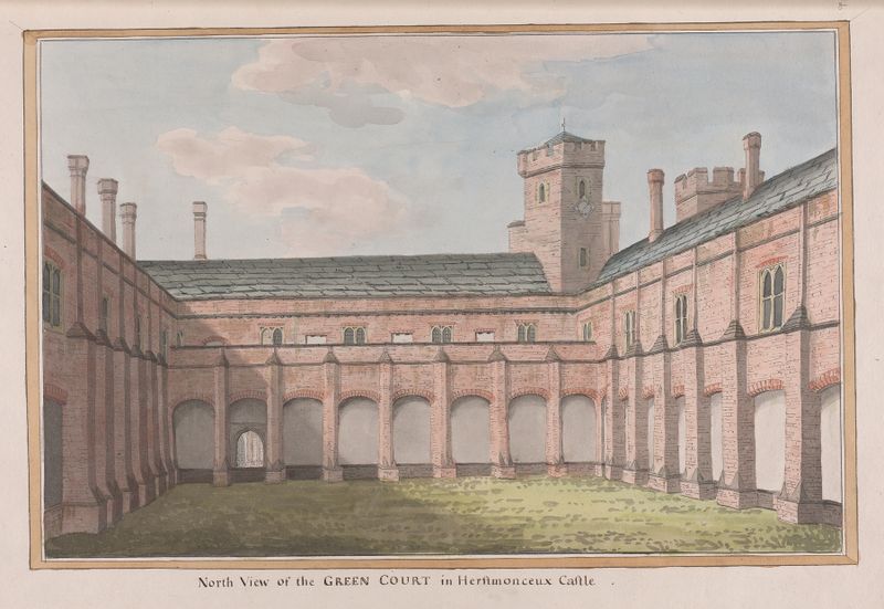 Herstmonceux Castle, East Sussex by James Lambert, oil painting depicting a green court landscape.