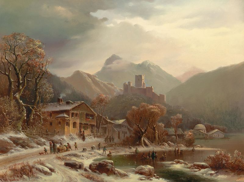 Un paisaje invernal con nieve cubriendo el suelo y las ruinas de Kropfsberg, óleo sobre lienzo de Anton Doll