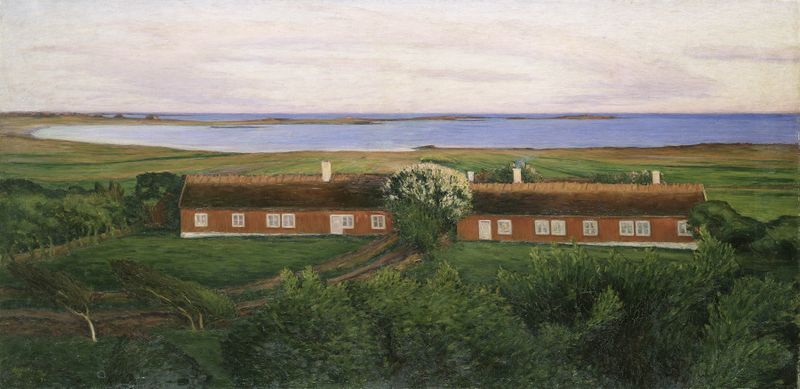 The Neighbouring Farm Houses de Karl Nordström, pintura a óleo que retrata serenas casas rurais.