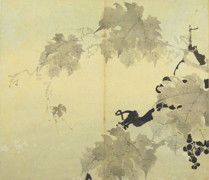 Fruiting Grape Branch de Yi Che-hyŏn, tinta sobre papel