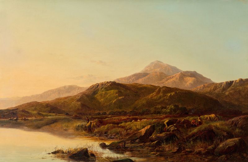 Oil painting by Sidney Richard Percy depicting a mountain lake reflecting twilight hues