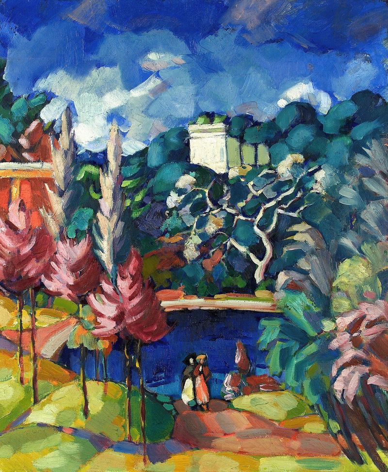 Landscape by Konrad Mägi, featuring vivid blues and greens, oil painting