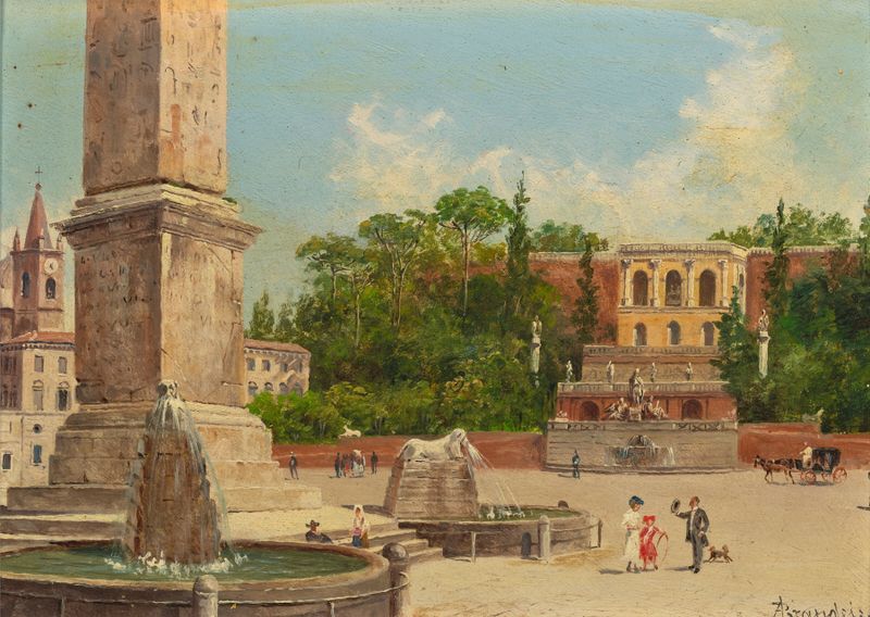 Vista de Roma com obelisco e Piazza Del Popolo, pintura a óleo de Antonietta Brandeis