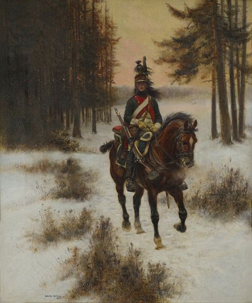 A detailed painting of a dragoon soldier in a historical setting.