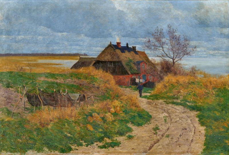 Einsames Fischerhaus de Paul Müller-Kaempff, óleo sobre lienzo que representa una casa de pescador junto al agua