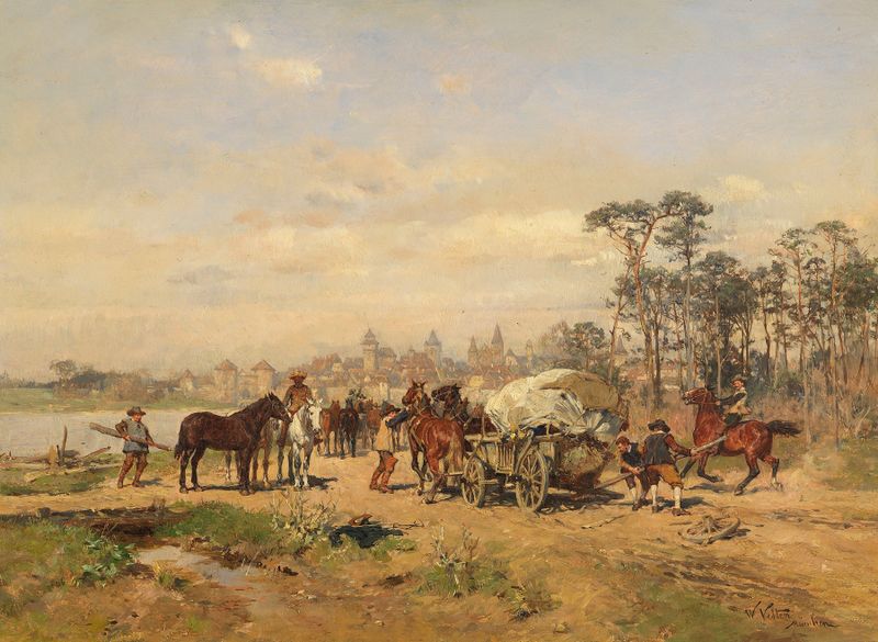 Achsbruch auf der Straße nach Rothenburg, óleo sobre lienzo de Wilhelm Velten, que representa un camino serpenteante y sua...