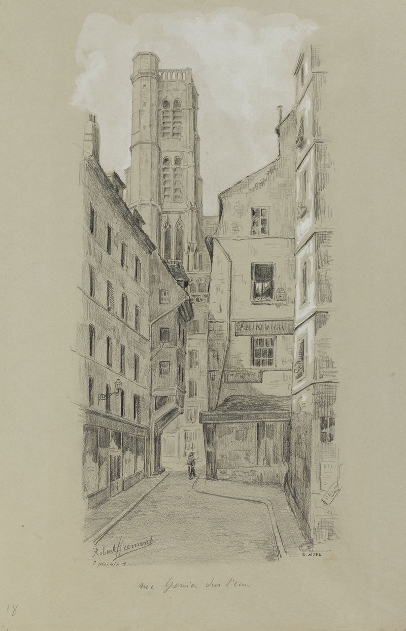 Rue du Grenier-sur-l’Eau, oil on canvas by Robert Frémont depicting a Parisian street corner.