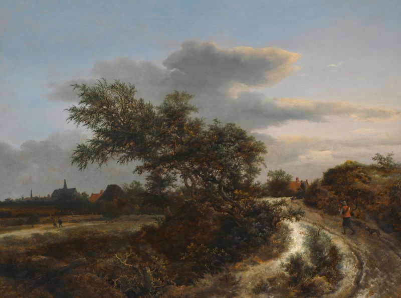 Uma paisagem de dunas com um agricultor em um caminho de areia, óleo sobre tela de Jacob van Ruisdael.