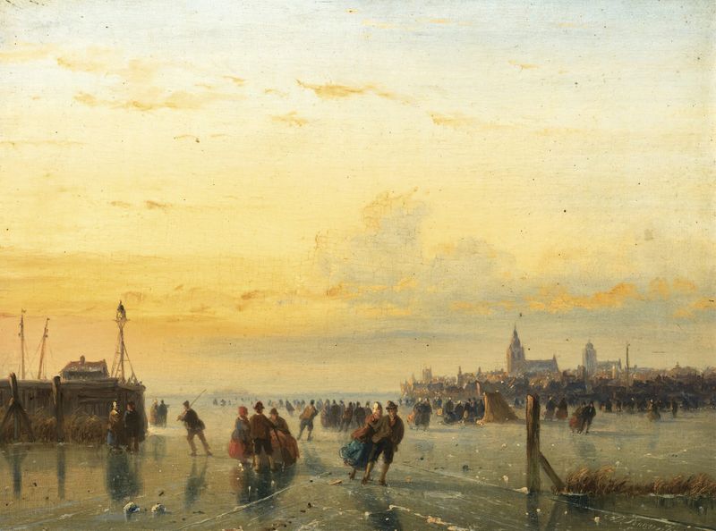 Numerous skaters on ice in a winter scene by Nicolaas Johannes Roosenboom