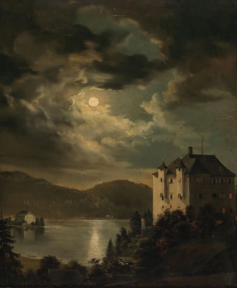 Paisagem de Wörthersee com luz da lua, por Clementine von Rainer, meio desconhecido