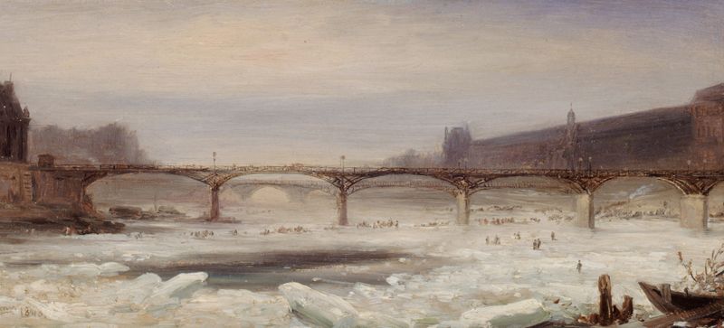 La Seine et le Pont des Arts, en janvier 1848 de Jean-Jacques Champin, óleo sobre tela que retrata uma cena de rio no inve...