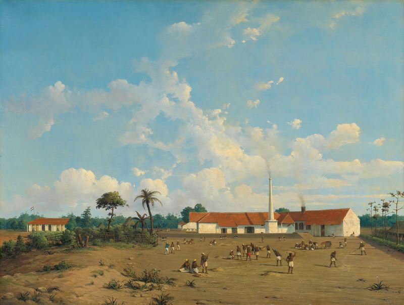 Paisaje que representa La Fábrica de Azúcar Kemanglen cerca de Tegal, Java por Abraham Salm, pintura al óleo