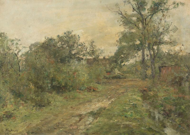 Pintura a óleo de paisagem por Rudolf Höckner com uma fazenda sob árvores