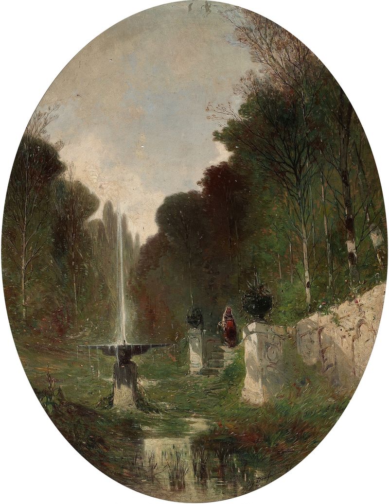 Romantic Landscape with Fountain, oil on canvas by Eugène Deshayes, featuring a tranquil fountain in a lush landscape.