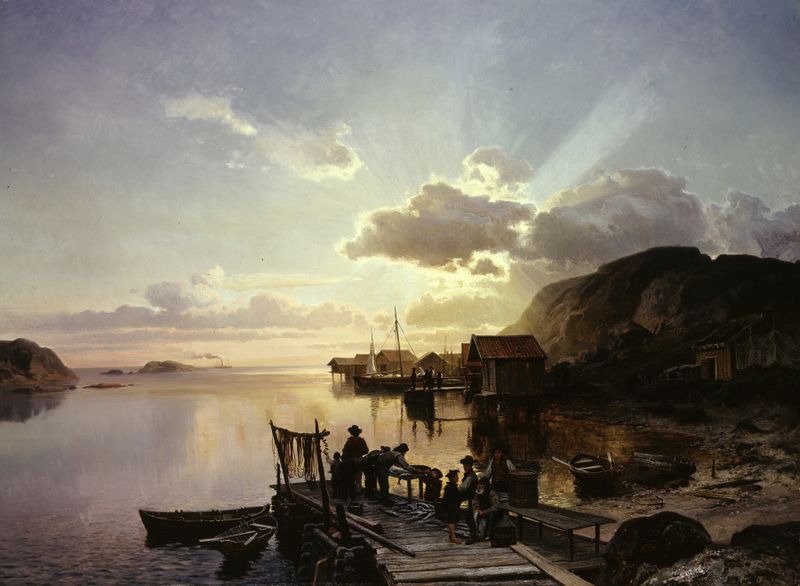 Fishing Village in Bohuslän de Johan Edvard Bergh, pintura al óleo que muestra barcos y cabañas.