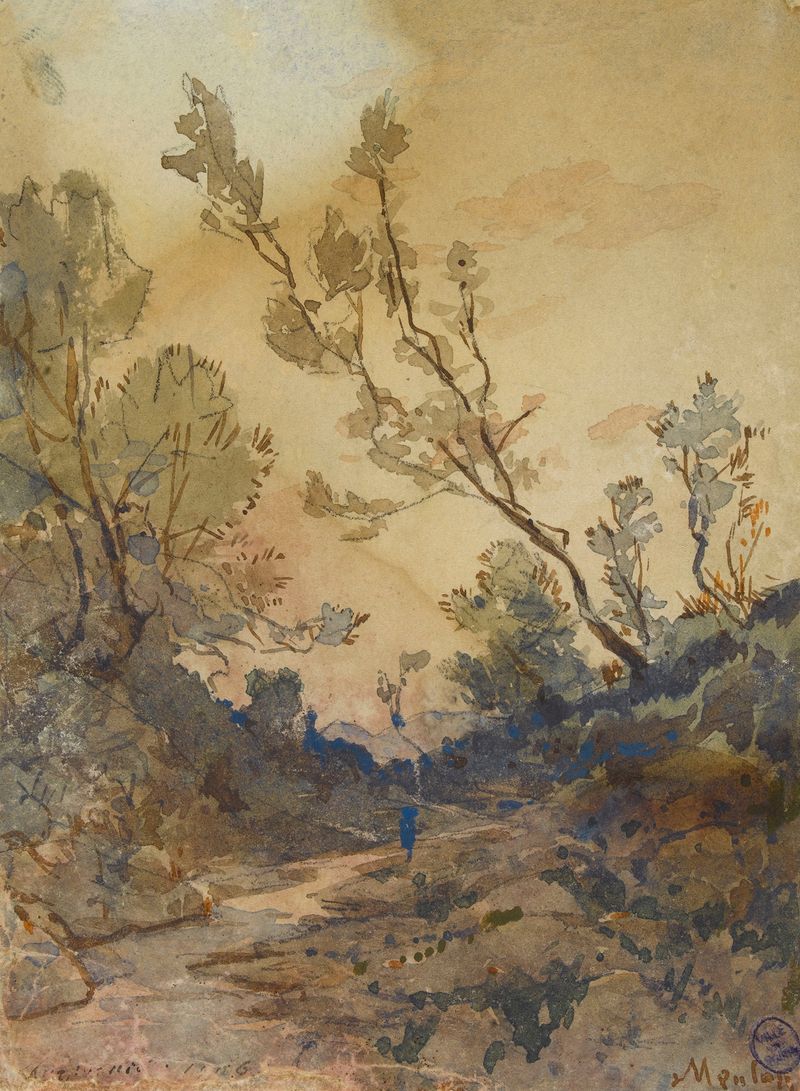 Paisagem com luz do sol filtrando através da folhagem de Henri-Joseph Harpignies, óleo