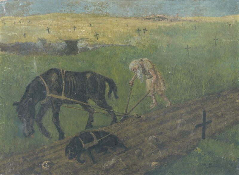 Pintura figurativa a óleo de um homem focado trabalhando o solo por Tomáš Andraškovič, 1933