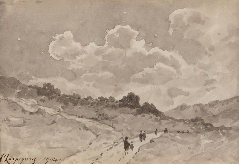 Figuras caminando por un sendero en un paisaje montañoso, óleo de Henri-Joseph Harpignies