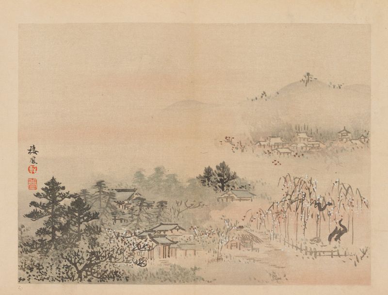 Ukiyo-e tinta sobre papel de artista desconocido que muestra figuras delicadas en colores suaves.