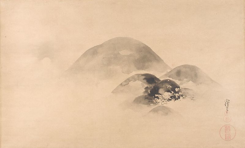 Paisaje con Luna Llena de Kano Naonobu, tinta sobre papel, que muestra colinas y árboles bajo la luz de la luna.
