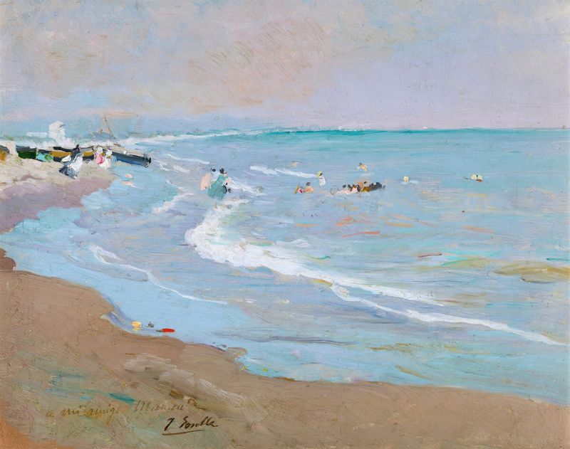 Oil painting of Playa De Valencia by Joaquín Sorolla, depicting a beach with figures and waves.