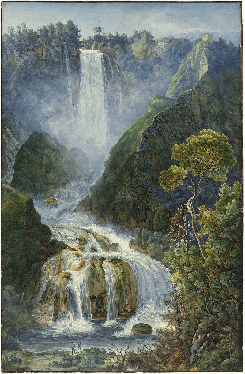 The Grand Waterfalls at Terni by Franz Kaisermann, oil painting of a waterfall with sunlight.