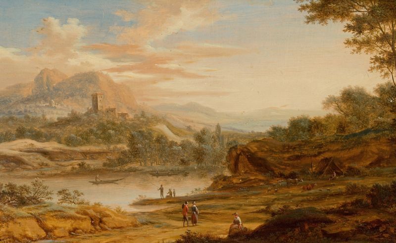 Paisaje de colinas y vegetación en 'Vista en Italia' de Johann Christian Vollerdt, pintura al óleo