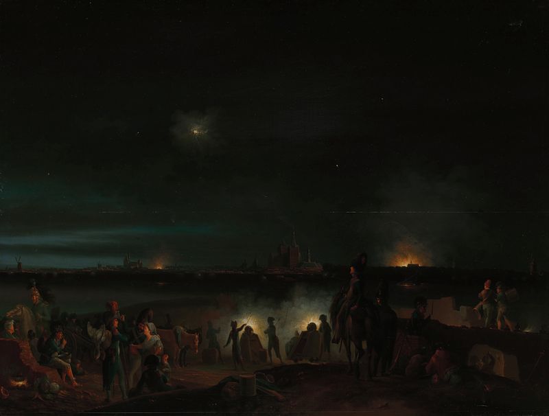 La Bombardeo de ’s-Hertogenbosch, óleo sobre panel de Josephus Augustus Knip