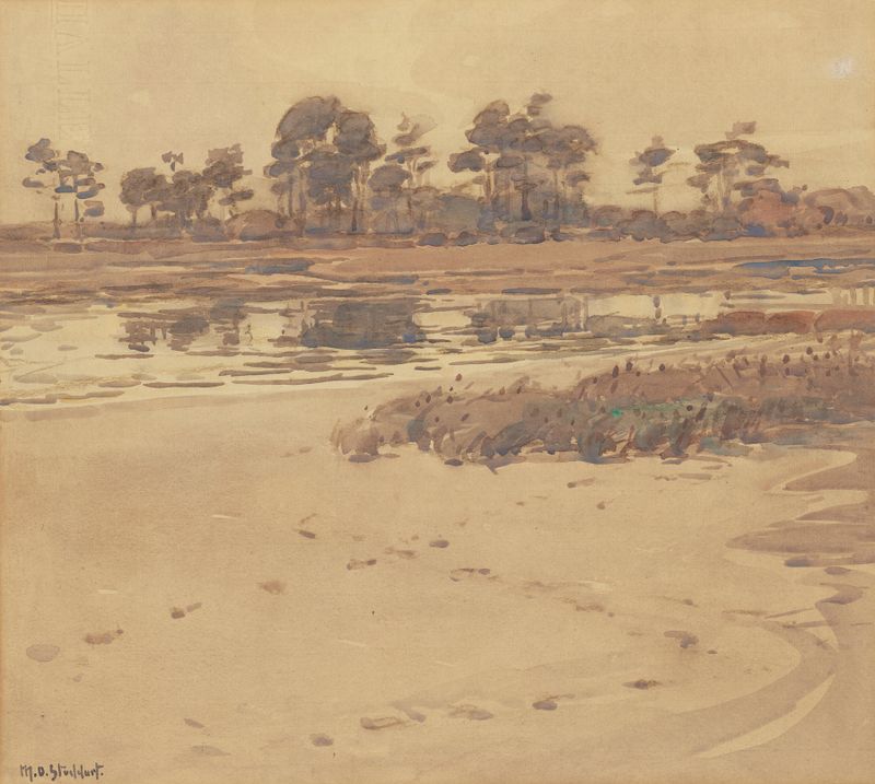 Estuary Shores by Margaret Stoddart, oil on canvas depicting a tranquil landscape with soft grasses.