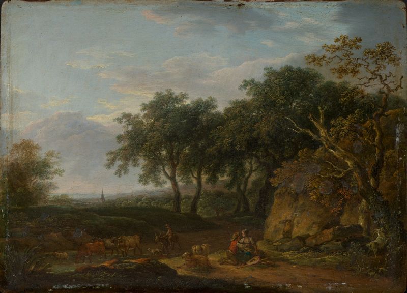 Landscape featuring a shepherd and herd by Ferdinand Kobell, oil painting