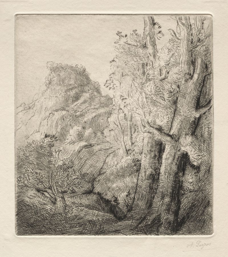 Pintura a óleo de paisagem de Alphonse Legros mostrando um pôr do sol sobre uma cidade em ruínas.