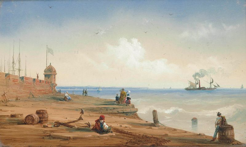 Oil on canvas by Carlo Bossoli depicting a cloaked figure at a harbor during sunset.