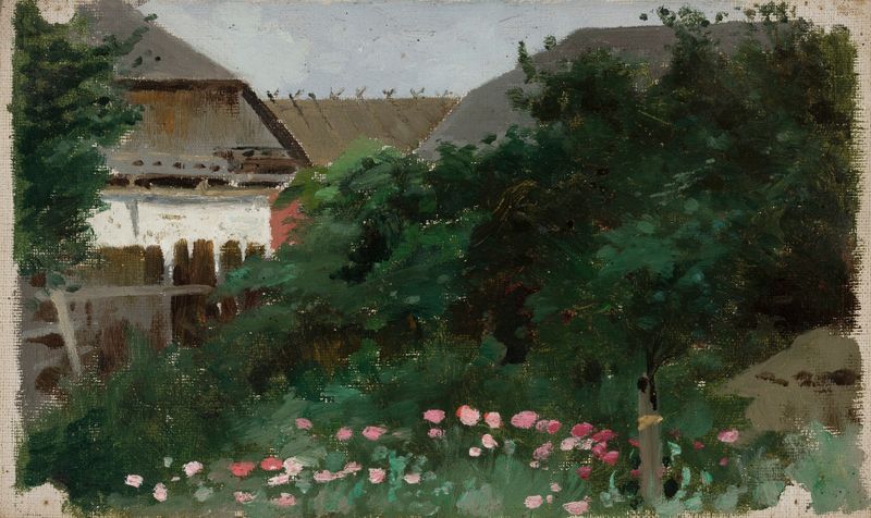 Cottage in the garden in Przełęk, oil on canvas by Zdzisław Jasiński