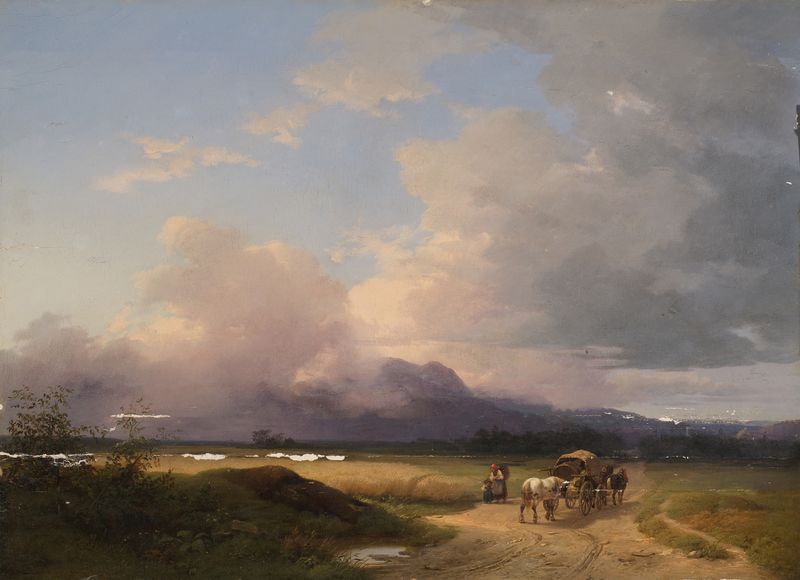 Voralpenlandschaft mit Fuhrwerk auf der Straße, oil on canvas by Ignaz Raffalt