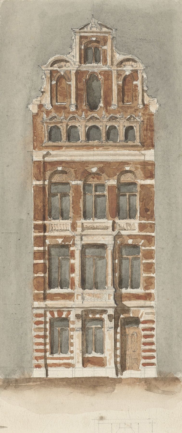 Diseño arquitectónico de un ayuntamiento por Alexander Bleijs, tinta sobre papel
