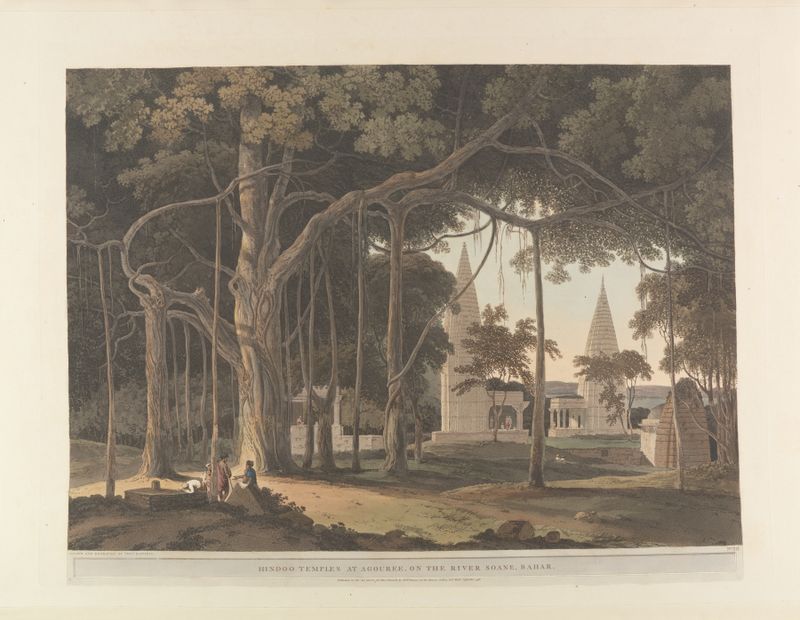 Gravura de Thomas Daniell mostrando uma costa rochosa e ondas.