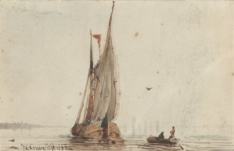 Sloep bij een zeilschip op het water, oil on canvas by Johan Conrad Greive