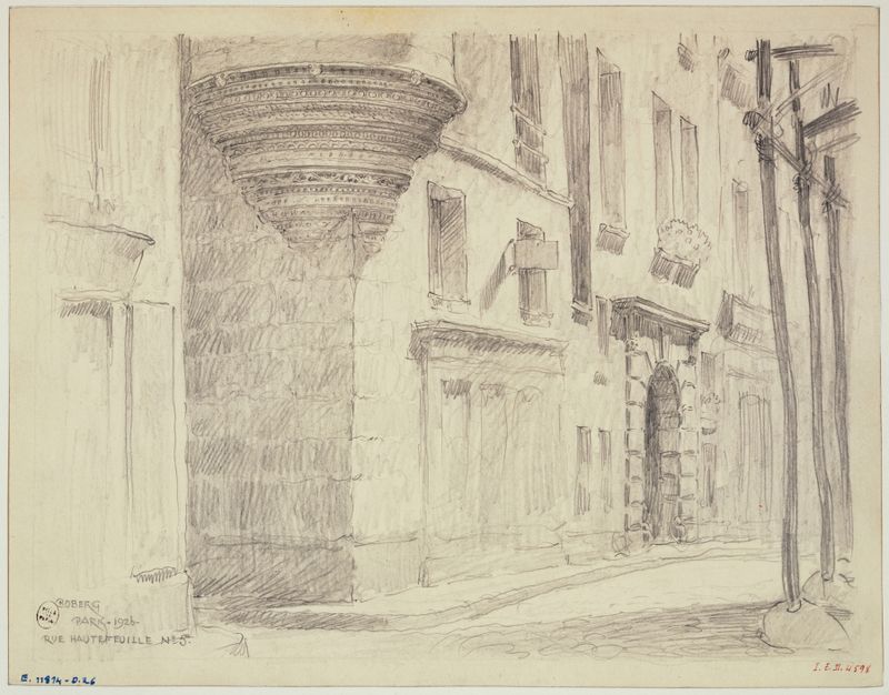 Arquitetura de Ferdinand Boberg, 1926, apresentando detalhes intrincados da fachada e jogo de luz e sombra.