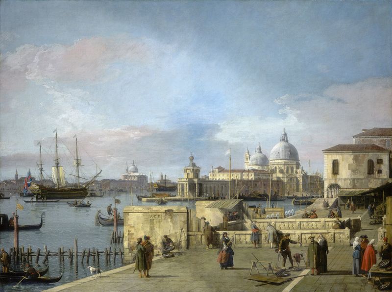 Entrance to the Grand Canal from the Molo, óleo sobre tela de Canaletto, destacando a arquitetura veneziana.