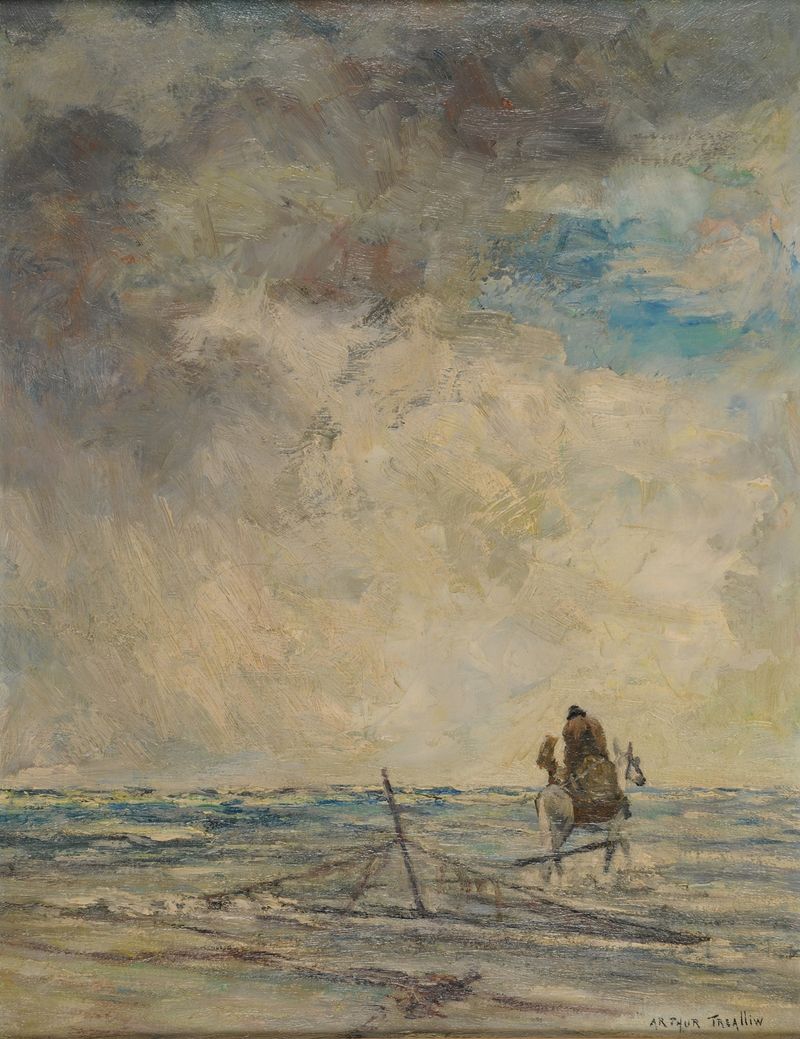 Escena marina con pescador de camarones, óleo sobre lienzo de Arthur Willaert