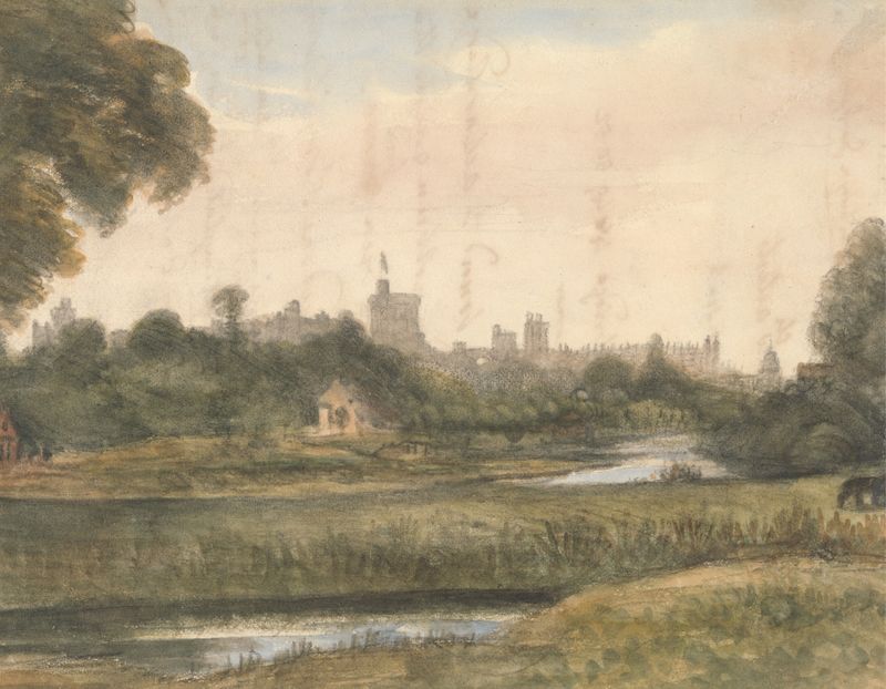 Landscape depicting a river at sunset by William Crotch