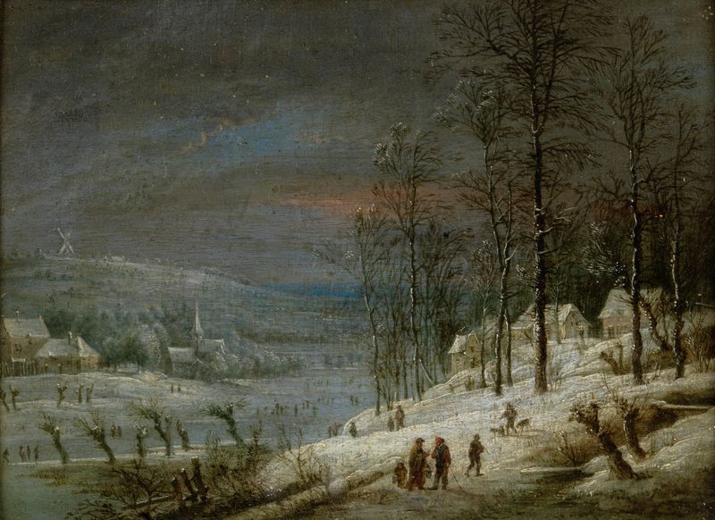 Winterlandschap de Lucas van Uden, óleo sobre panel que muestra colinas cubiertas de nieve